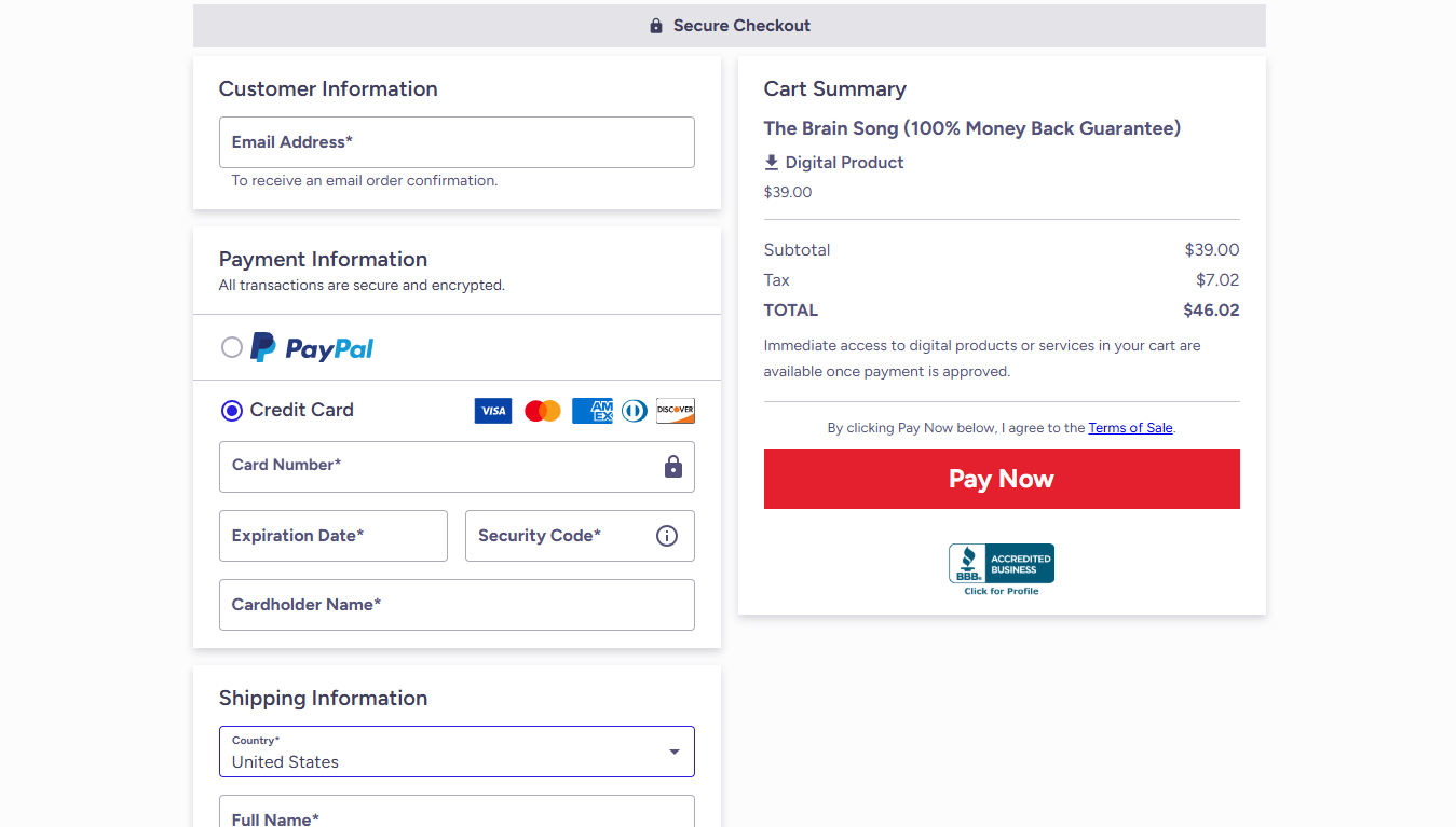 Brain Song Secure Checkout Page